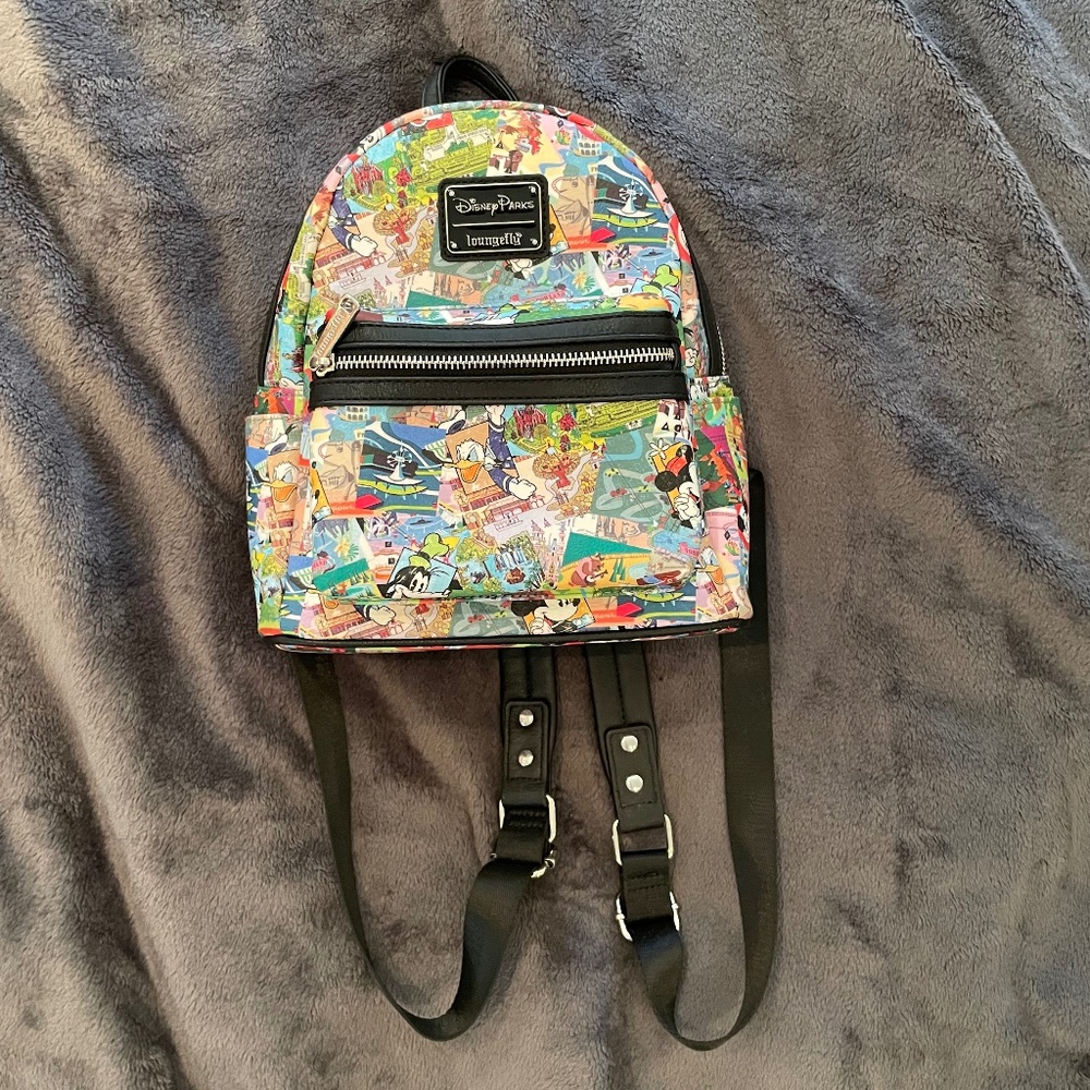 Loungefly Disney Parks Collage Mini Backpack Bag Mickey, Minnie, Goofy, Donald